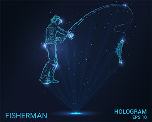 Hologram fisherman. Fisherman throws a fishing rod. Flickering energy flux of particles. Scientific fishing design.