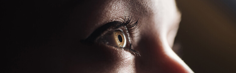 close up view of human colorful eye looking away in darkness, panoramic shot