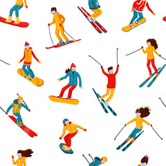 Fototapeta na wymiar Vector skiers and snowboarders cartoon flat style. Men and women in the ski resort. Winter sport activity. Simple characters. Isolated on white background seamless pattern