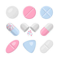 Pills and drugs vector colorful realistic icon set. Different shapes of pills