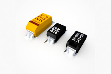 Diodes and transistors on a white background