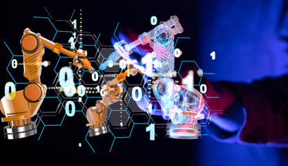 Industry 4.0 concept -  Robot arm in smart factory background.