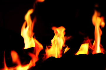 Blur of glowing ember log in the hot red color. Closeup of Firewood burning in the fireplace concept. Orange bokeh from the fire.