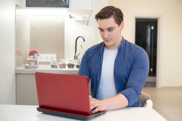 young handsome man working in his laptop from home freelancing