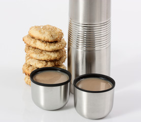 Thermos, Oatmeal Cookies and coffee with milk