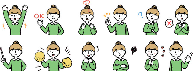 Illustration of a Upper body of woman face and pose set 3