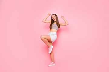 Fototapeta na wymiar Full length body size view of her she nice-looking lovely feminine adorable overjoyed charming pretty cheerful cheery straight-haired lady having fun time isolated over pink pastel background