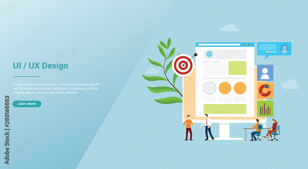 Poster ui ux user interface and user experience design concept development with team people and browser for