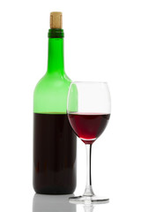 bottle and glass of red wine isolated with clipping path