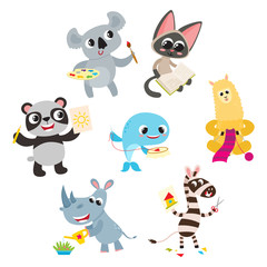 Collection of cartoon animals with hobby instrument isolated on white.