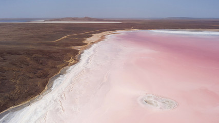 Pink Koyashskoye salt lake in Krym and dry desert landscape around. Aerial view. Trendy coral color