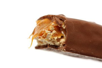 chocolate bar with caramel isolated on white