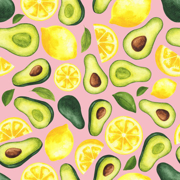 seamless pattern with avocado and lemon on a pink background
