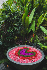 Beautiful romantic bath with colorful heart shaped petals in greed jungle. Bali, Ubud. Spa and...