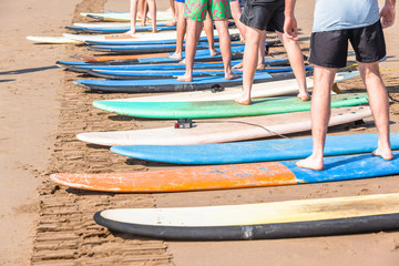 Surfing Lessons Student Legs Surfboards Beach Closeup Abstract
