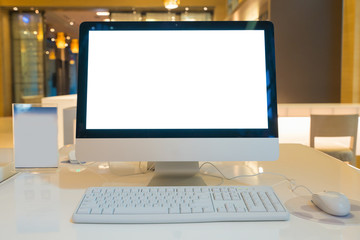 Fototapeta premium computer desktop with keyboard, diary and other accessories on table in cafe