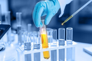 scientist with equipment and science experiments, laboratory glassware containing chemical liquid for research or analyzing a sample into test tube in laboratory