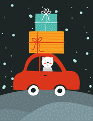 Cute cat drives a car with presents.Vector illustration, Christmas greeting card