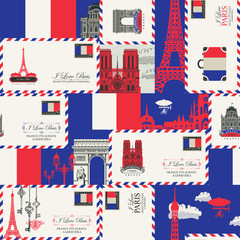Vector seamless pattern on France and Paris theme with envelopes, French symbols, architectural landmarks and flag of French republic in retro style. Suitable for wallpaper, wrapping paper, fabric © paseven