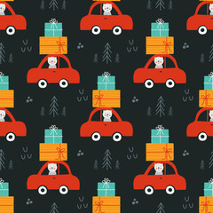  Pattern cute  bear drives car with presents, Christmas tree with garlands.  Design for fabric, wrapping, textile, wallpaper, apparel. Vector illustration.