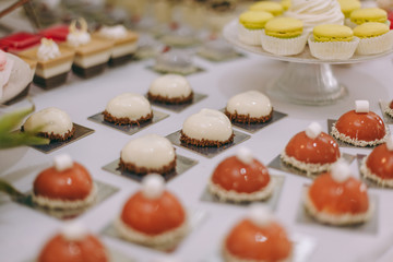 Beautifully decorated catering banquet table with burgers, profiteroles, salads and cold snacks. Variety of tasty delicious snacks on the table
