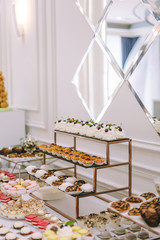 Beautifully decorated catering banquet table with burgers, profiteroles, salads and cold snacks. Variety of tasty delicious snacks on the table