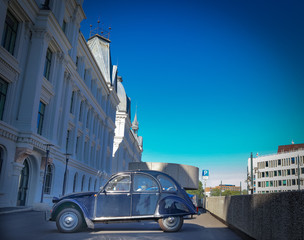 Fototapeta na wymiar Blue Old Car under blue sky