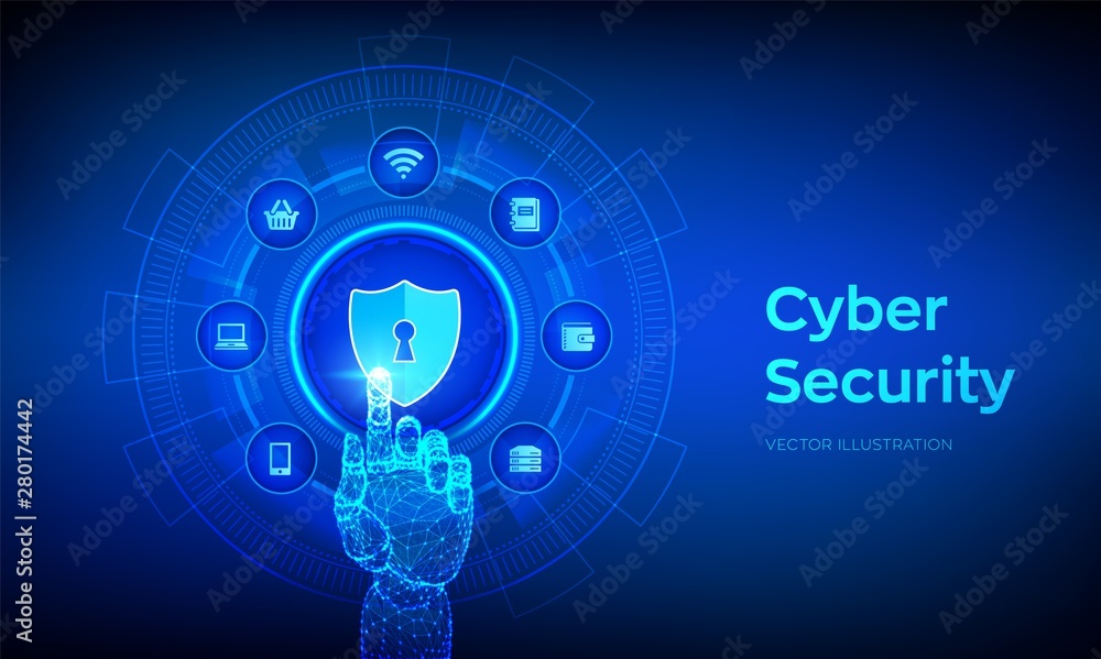 Poster cyber security. data protection business concept on virtual screen. shield protect icon. internet pr
