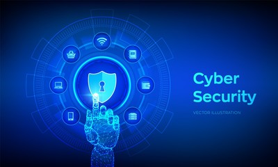 Cyber Security. Data protection business concept on virtual screen. Shield protect icon. Internet privacy and safety. Antivirus interface. Robotic hand touching digital interface. Vector illustration.