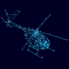 Wireframe polygonal helicopter with glowing lights. Isometric view. Vector illustration