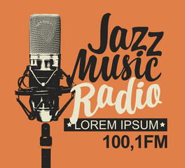 Vector banner for jazz music radio with microphone and inscription in retro style. Radio broadcasting concept with professional studio mic. Suitable for banner, ad, poster, flyer, logo