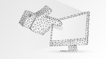 Human hand silhouette pointing on a white computer monitor. Touchscreen, finger click concept. Abstract, digital wireframe, low poly mesh, vector white origami 3d illustration. Line dot