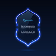 Glass banner arabic style. Transparent billboard with neon lights. Vector illustration.