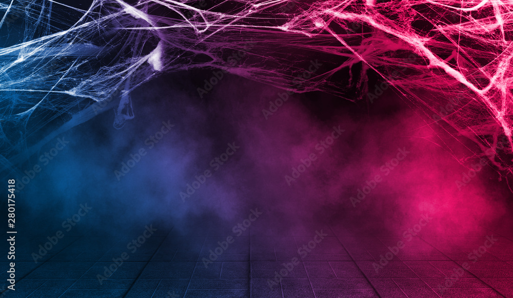 Poster background of empty space. dark empty background, concrete, smoke, cobweb. halloween background