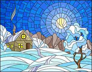 Naklejka na ściany i meble Illustration in stained glass style landscape with a lonely house amid snow,sun and sky