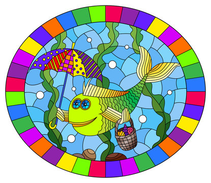 Illustration in stained glass style with cartoon funny fish under an umbrella on the background of the seabed and algae, oval image in bright frame