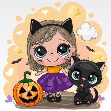 Halloween card with girl and black cat on a yellow background
