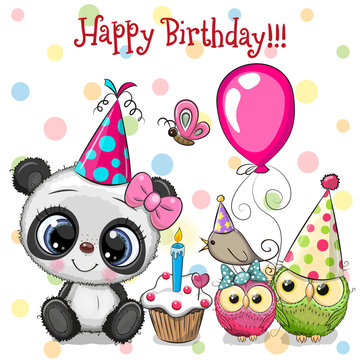 Cute Panda and owls with balloon and bonnets