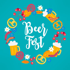 Oktoberfest wreath with beer, pretzel, berry, sausage, mug, glass, leaves