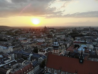 Aerial photo from drone. The culture and historical capital of Poland. Comfortable and beautiful Krakow. The land of Legend. Beautiful Sunset,old part of city.