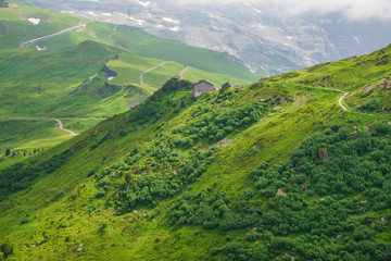 Alpine peaks landskape background. Jungfrau, Bernese highland. Alps, tourism, journey, hiking concept.