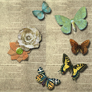 abstract background pattern newspaper paper butterflies flowers