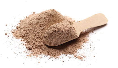 Milled chocolate powder with wooden spoon isolated on white background