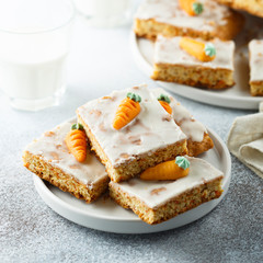 Homemade carrot cake with marzipan and sugar glaze