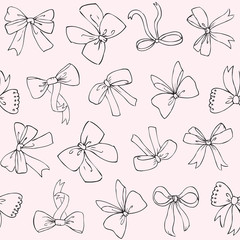 Seamless vector pattern with bows on pink background. Hand drawn ribbons and bows  background.