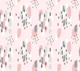 Hand painted brush strokes in pink and gray. Seamless abstract repeating background in memphis style.