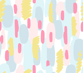 Brush strokes background, geometric shapes. Seamless vector pattern in bright pastel colors. 