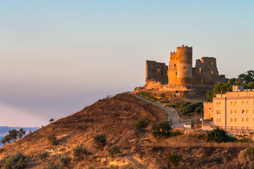 Obraz premium View of Mazzarino Medieval Castle with the Lights of Sunset, Caltanissetta, Sicily, Italy, Europe