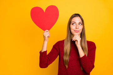 Closeup photo of pretty lady holding big red paper heart wear burgundy pullover isolated bright yellow background
