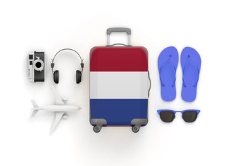 Netherlands flag suitcase and travel accessories lay flat. 3D Render